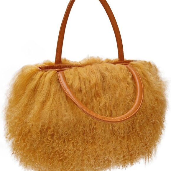 Women Luxury Real Lamb/Mongolian Flush Wool Fur With Genuine Leather Handles Han - Picture 1 of 7